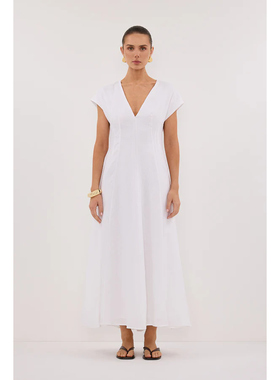 dissh同款白色亚麻宽松落肩袖收腰连衣裙深v长裙