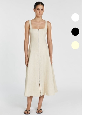 澳洲小众dissh亚麻u领拉链开衫连衣裙时尚背带调节扣a字长裙