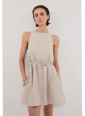 澳洲小众dissh亚麻无袖连衣裙简约气质系带休闲a字短裙