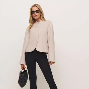 reformation同款 极简高领短大衣 奶油色羊毛呢短外套2025秋冬新款