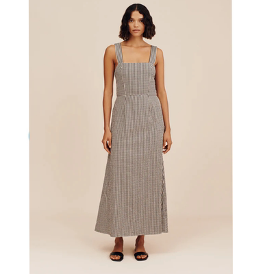 澳洲小众posse格子吊带连衣裙绑带露背纯棉复古气质收腰长裙
