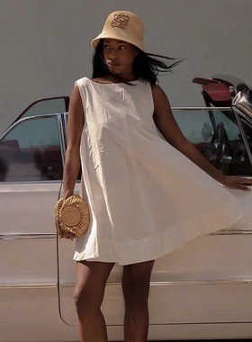 dissh无袖纯棉a字连衣裙遮肚子宽松慵懒气质简约船领背心裙