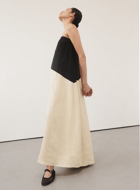 澳洲小众dissh撞色拼接抹胸连衣裙简约亚麻设计感气质a字长裙