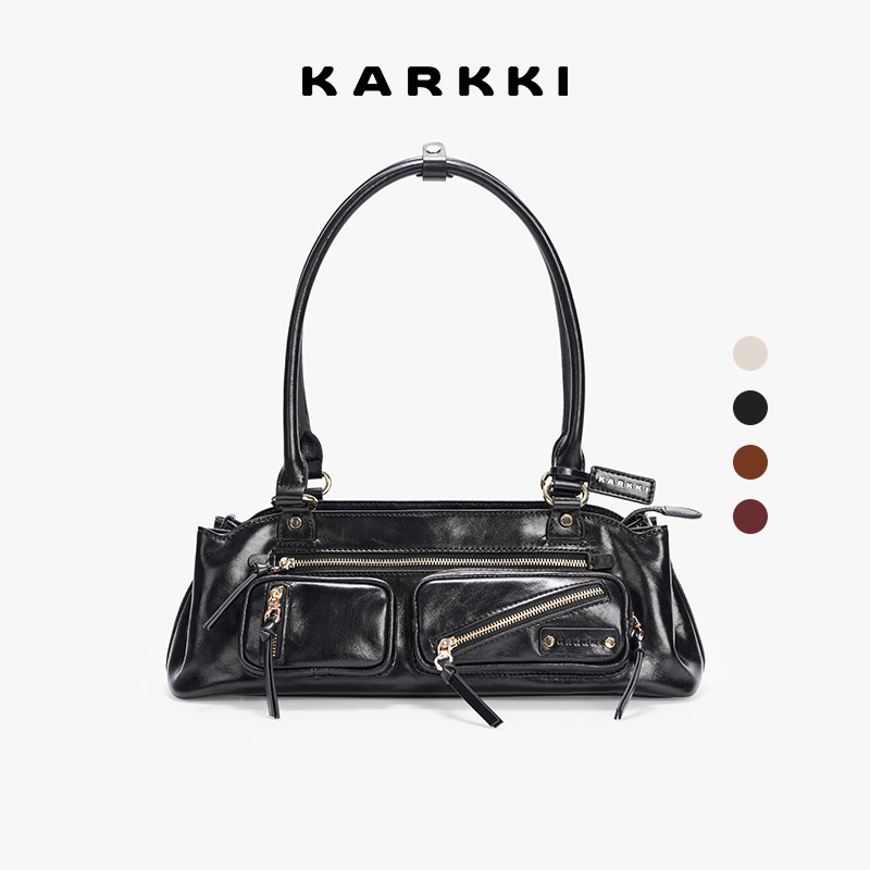 KARKKI/个奇多口袋头层油蜡牛皮复古机车法棍包单肩手提包包女
