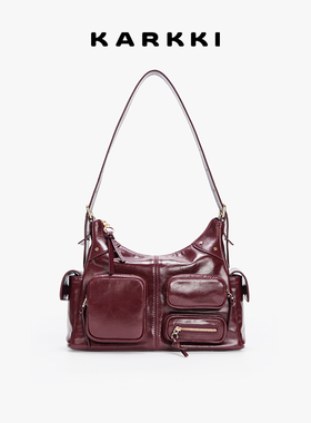 KARKKI/个奇头层牛皮多口袋设计单肩斜挎包hobo通勤机车托特包
