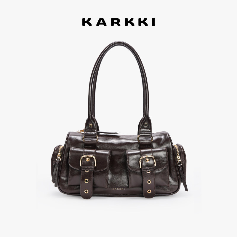 KARKKI/个奇头层牛皮多口袋波士顿斜挎包保龄球包单肩腋下女包