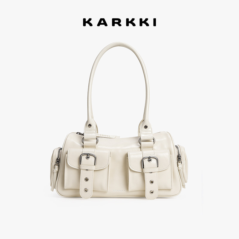 KARKKI/个奇头层牛皮多口袋波士顿机器人包保龄球包单肩腋下女包