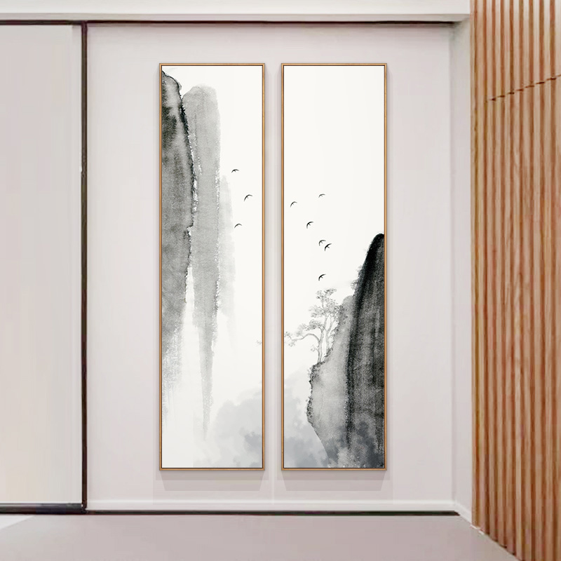 极速新中式玄关走廊过道装饰画竖版楼梯挂画水墨画山水画茶室禅意图片