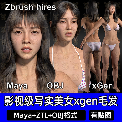 MAYA影视级写实美女人物3D模型完整贴图Xgen毛发zb雕刻逼真头像