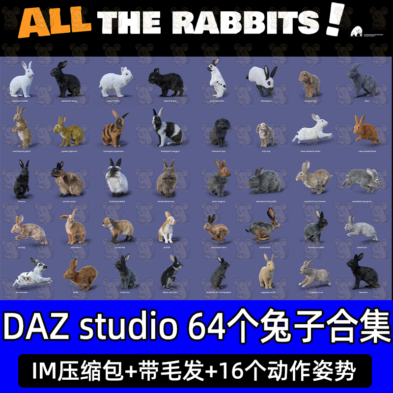 daz3d兔子动物捆绑包带骨骼毛发配套动作姿势IM包All the Rabbits