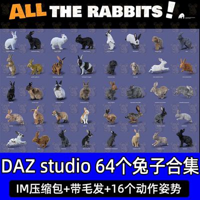 daz3d兔子动物捆绑包带骨骼毛发配套动作姿势IM包All the Rabbits
