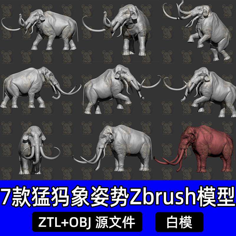 zbrush猛犸象大象动物雕刻3D模型站立行走姿势雕刻模型ZTL格式obj