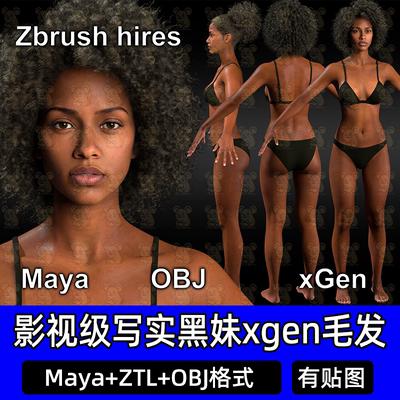 MAYA影视级写实黑妹人物3D模型完整贴图Xgen毛发zb雕刻逼真头像