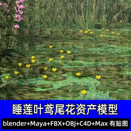 Blender写实睡莲荷叶荷花池塘湖泊水生植物景观3D模型FBX C4D MAX