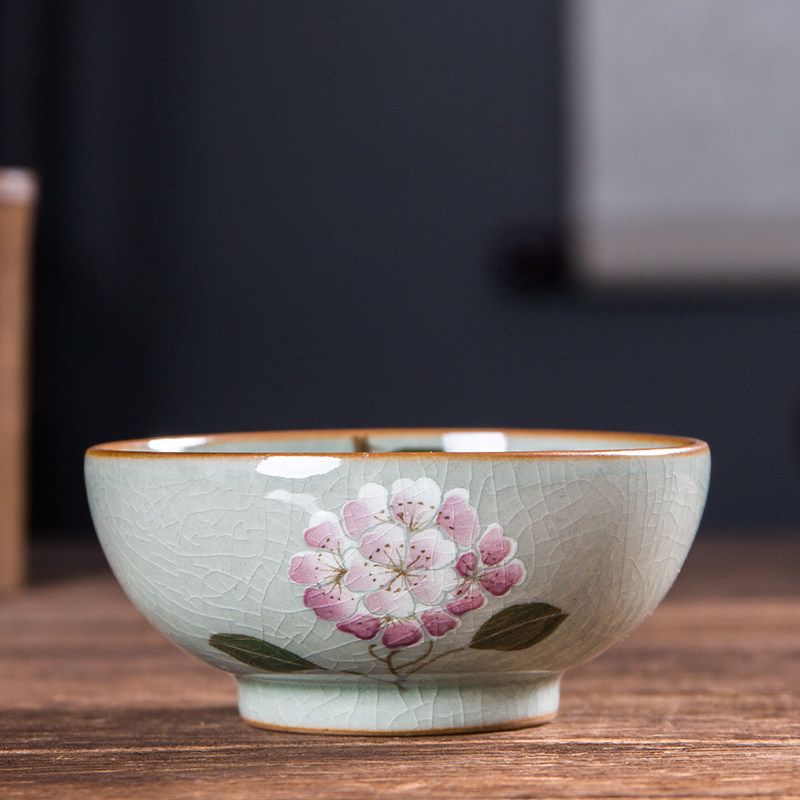 柴窑烧釉下彩手绘绣球花主人杯 景德镇老陶泥复古茶杯带内绘送礼