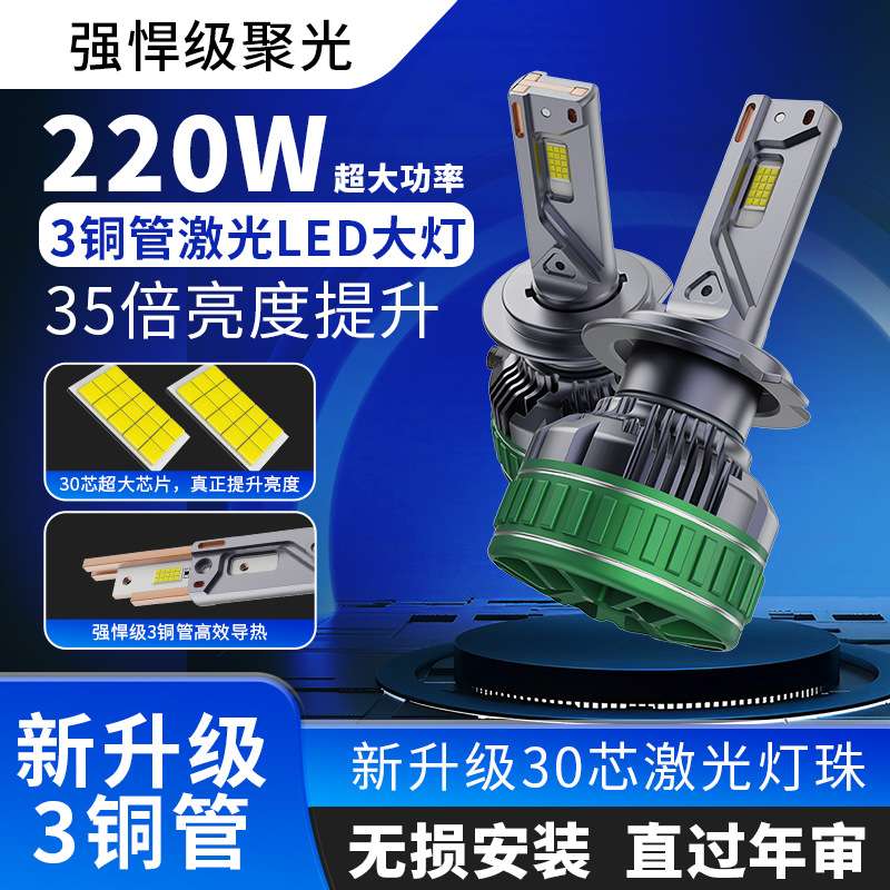 臻帕特汽车led大灯三铜管30芯220W大功率H7H11汽车前灯H4远近一体