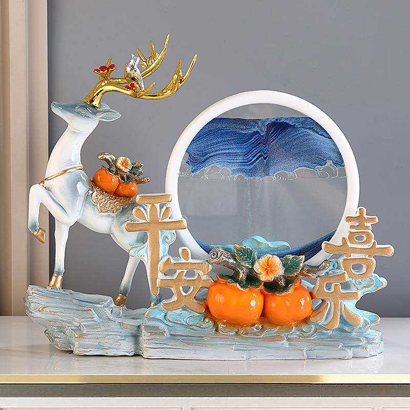 简约现代高档招财鹿平安喜乐沙漏流沙画摆件玄关酒柜电视柜装饰品