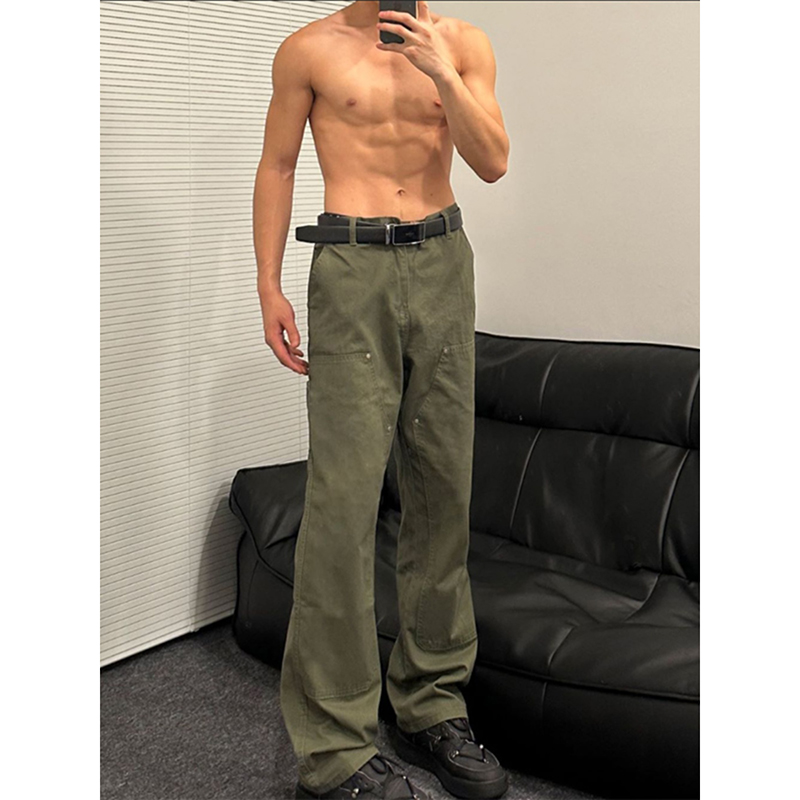 军绿色皮b带款牛仔裤男潮流双膝bo1伐木裤加长版高个子微喇工装裤