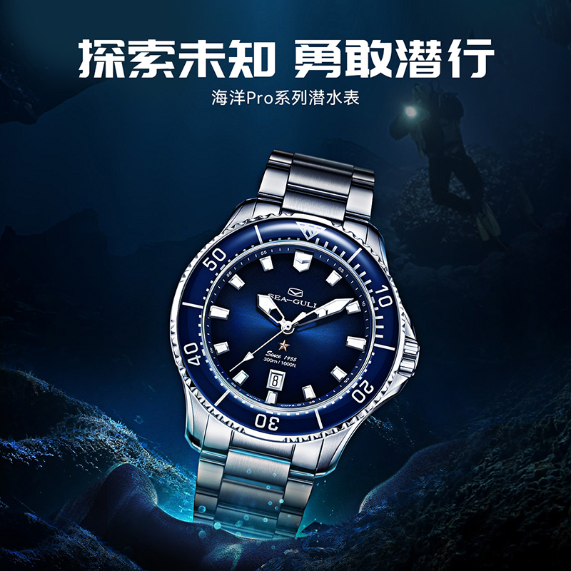 海鸥表海洋系列pro系列潜水男士款手表300米防水日历816.92.1210