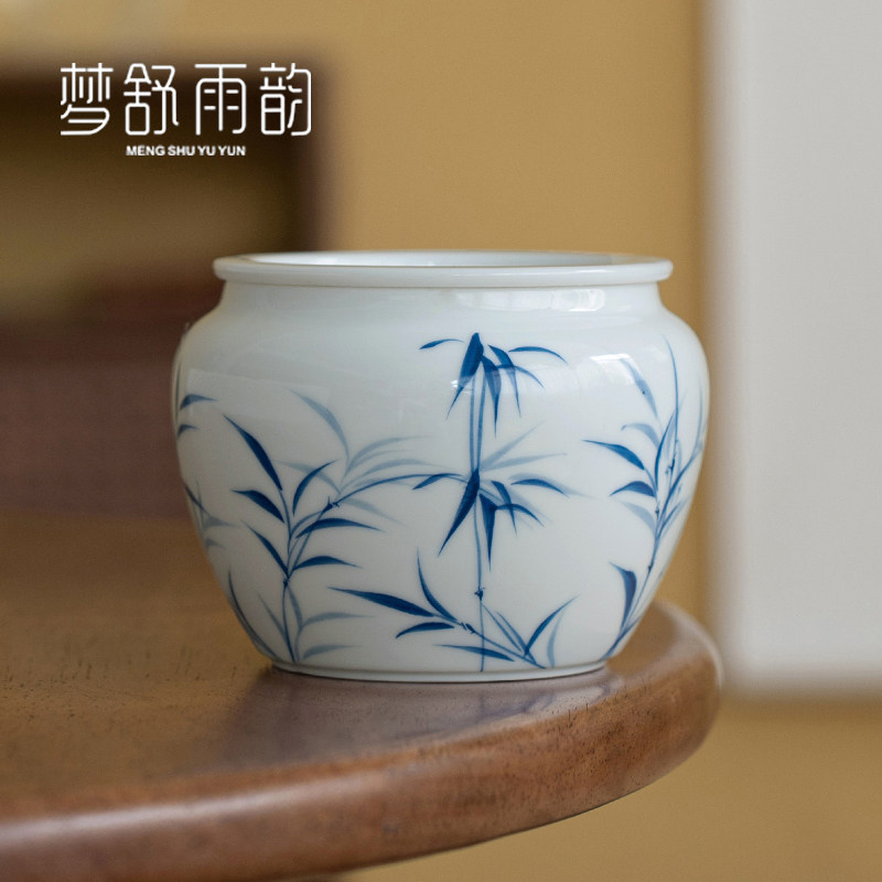 速发甜白瓷手绘青水家子建花陶瓷茶洗茶渣缸水盂带盖竹用干泡茶道