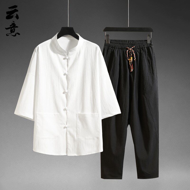 速发季夏国中风男唐装休闲套装薄款复古风中式茶服大码中山装汉服