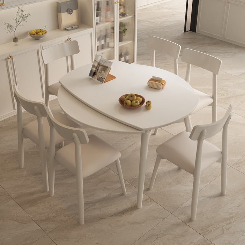 速发Vpla奶油风岩板餐桌小户型简约实木伸缩折形可圆变叠桌