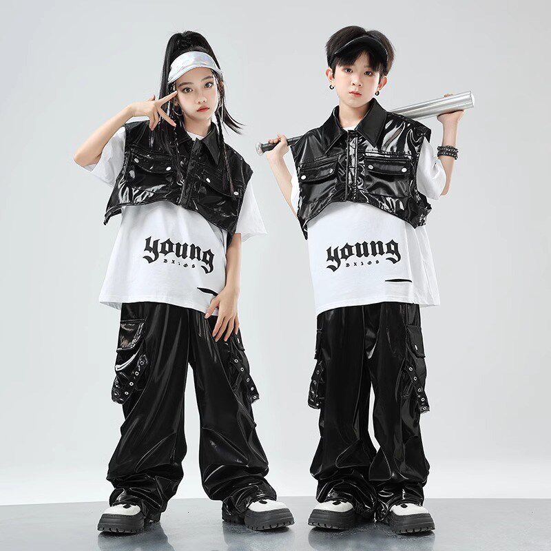 速发装舞少街潮服演出服男孩套装hiphop服儿嘻哈爵士孩皮衣马甲走