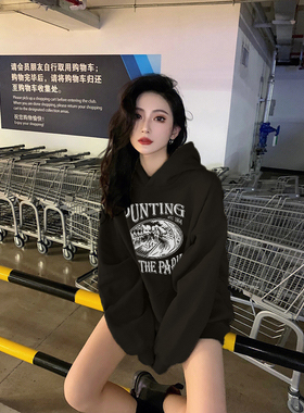 速发黑色复古加绒加厚连s冬衣秋卫季中长款遮屁股宽松over帽ize上