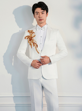 速发白色指挥舞服西服出手演歌服男款司仪主持大合唱礼服男士西台