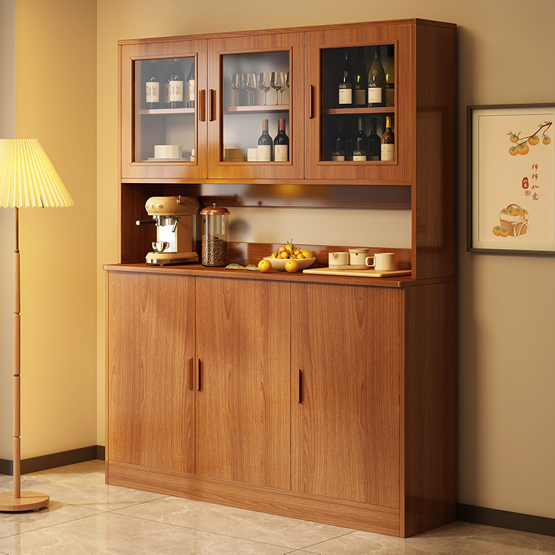 速发餐餐柜客厅酒柜厨房碗柜置物柜橱用边厅柜子储物柜实木色玻璃