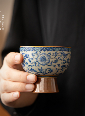 速发新品档花汝茗高足主人杯高青陶瓷茶杯个人专用单杯彩品窑杯