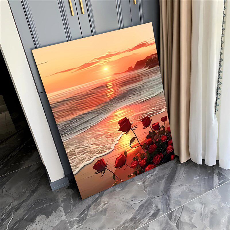现货速发海上生花数字油画大海风景手绘填充涂色手工画海滩玫瑰油