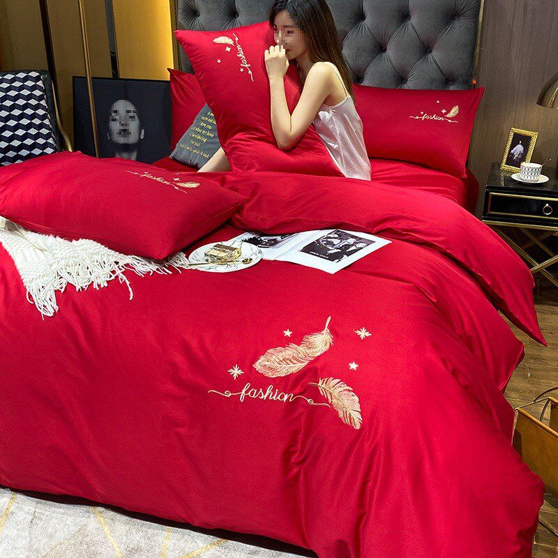 现货速发中式婚庆四件套红色刺绣婚房婚礼绣花喜被结婚