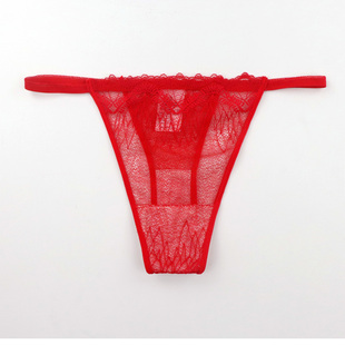 红色内裤女中低腰三角裤高弹力透明网纱蕾丝纯棉底档透气薄款丁字