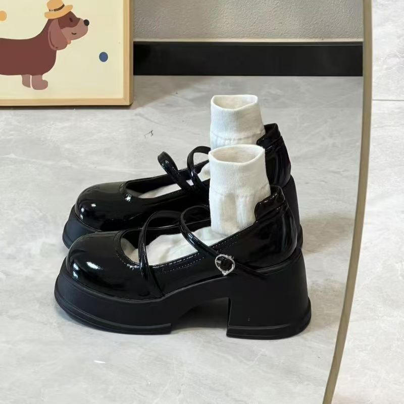黑色圆头高跟厚底小皮鞋女2025新款秋季百搭日系复古法式玛丽珍鞋