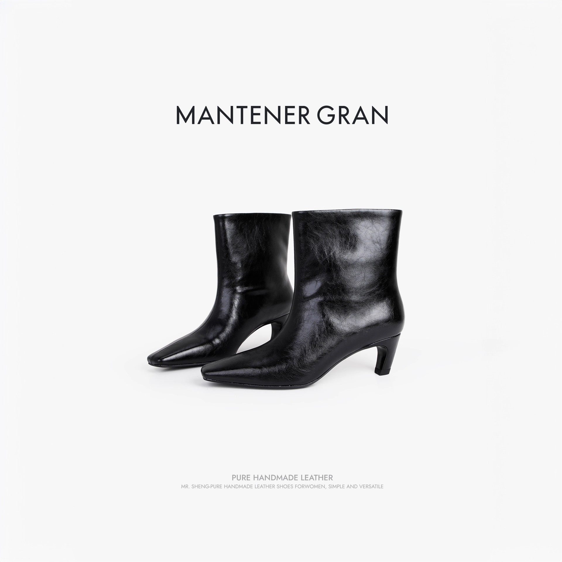 MantenerGran法式小方头短靴女真皮黑色瘦瘦靴高跟靴子 MG女靴,女鞋,时装靴,淘宝优惠券,粉丝福利购,淘宝优惠卷