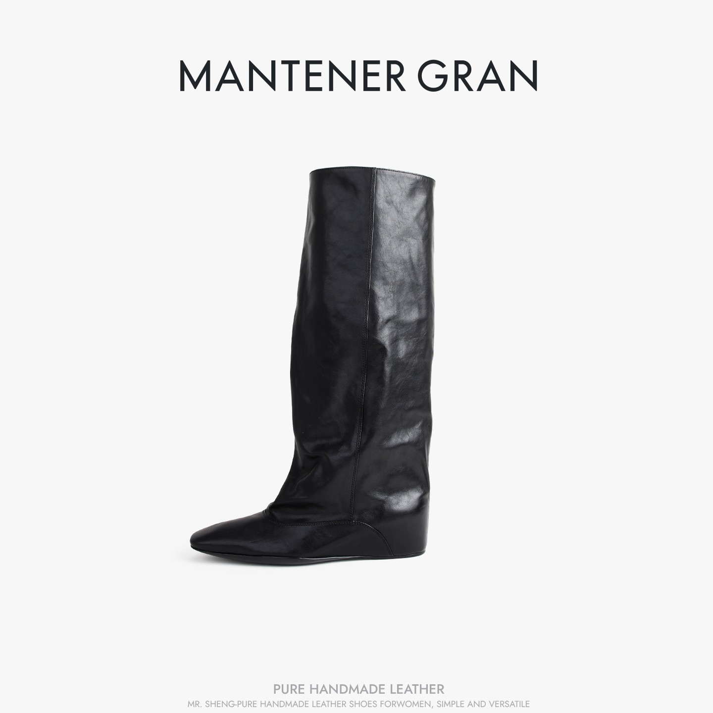 MantenerGran植鞣牛皮靴子女长筒靴黑色小方头长靴堆堆靴 MG女鞋