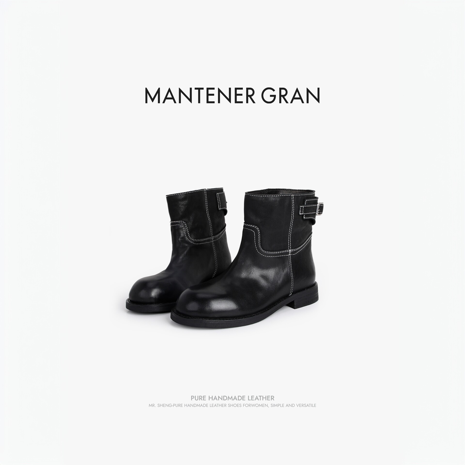 MantenerGran水洗牛皮靴子女中跟厚底瘦瘦靴英伦风短靴 MG女鞋