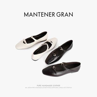 MantenerGran复古方头双扣带玛丽珍鞋女蜡感羊皮平底单鞋 MG女鞋