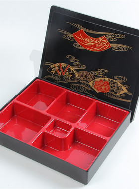 新款 日式风格饭盒 红色六格耐高温印花盖便当盒 销售保鲜盒方塑