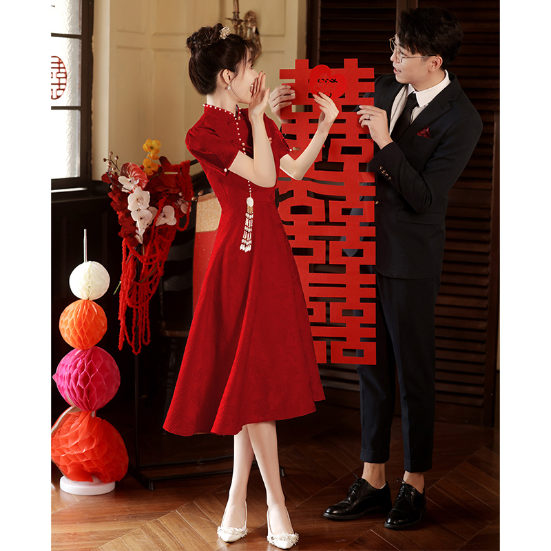 速发孕妇旗式敬酒服服娘大码新中袍订婚礼新高腰遮肚子回门便装夏