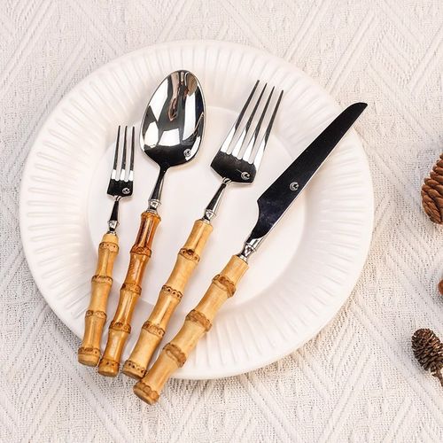 速发刀025西餐勺餐具家用2节小蛮腰级不锈钢牛排竹叉勺套装