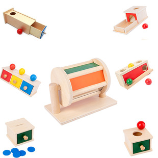 蒙氏1 3岁幼儿园早教投币盒纺织鼓教具 儿童蒙特梭利木制益智玩具