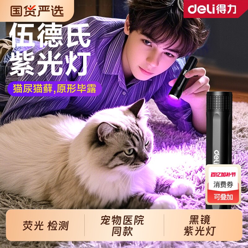 得力紫光灯照猫藓灯UV黑镜紫光灯验钞灯可充电荧光剂检测笔伍德氏