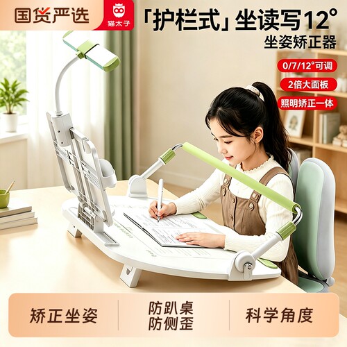猫太子坐姿矫正器护栏坐12°写字姿势儿童小学生防近视支架写作业学习书写防低头防驼背神器桌面JS台灯护眼