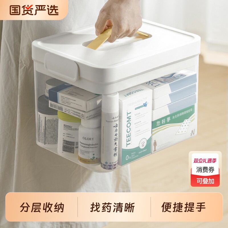 药箱药物收纳盒透明大容量双层密封带盖整理盒防尘家用药品分层