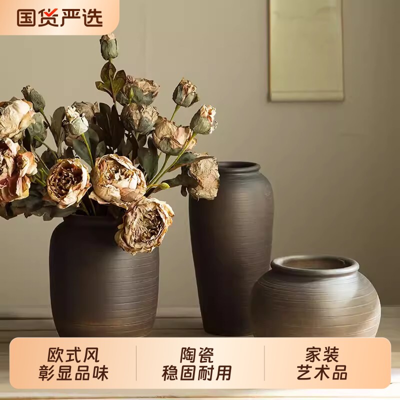 景德镇复古粗陶罐手工花瓶螺纹花器家居客厅装饰插花花盆电视柜
