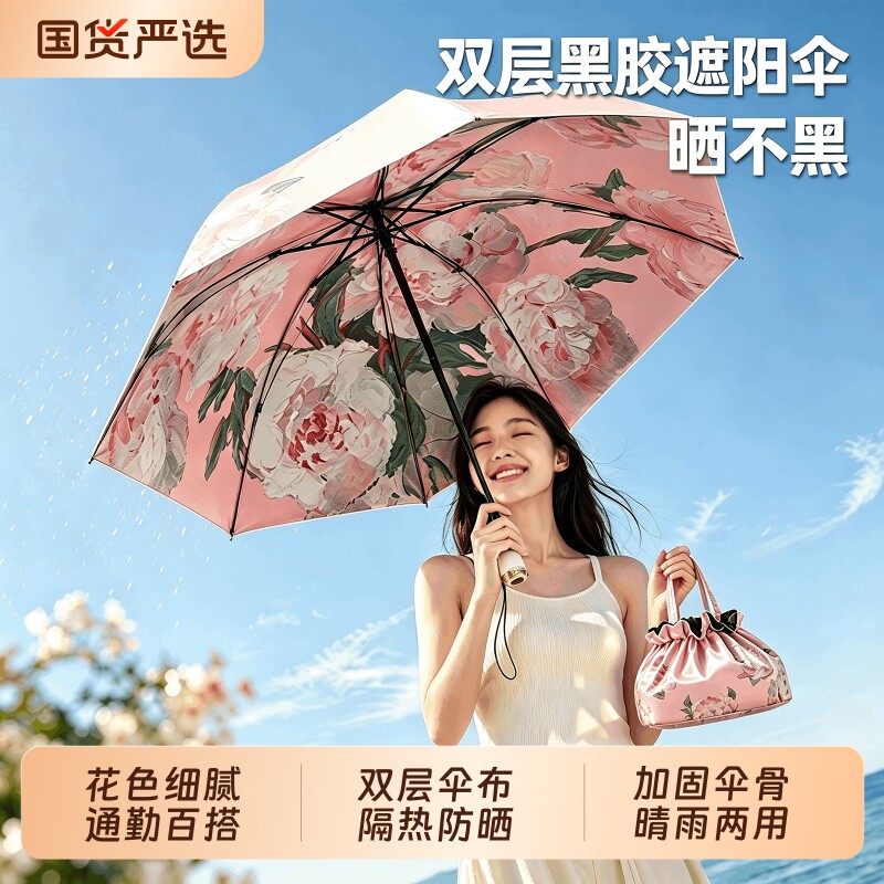 双层太阳伞防晒防紫外线女雨伞折叠黑胶遮阳伞晴雨两用伞超强便携 - 实物图