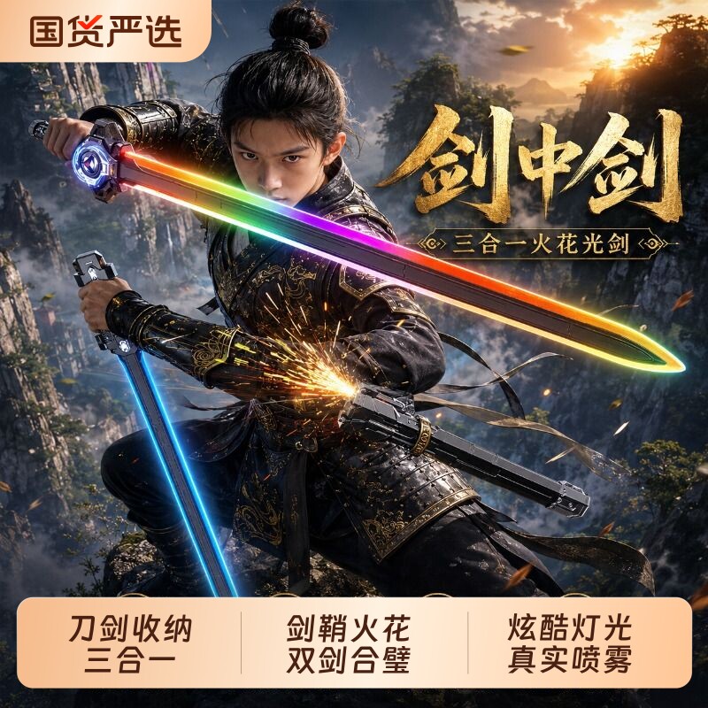 2026新款剑中剑儿童发光火花火石激光剑玩具男孩生日礼物伸缩感应