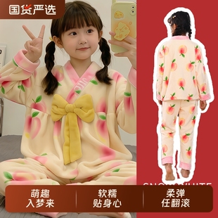 2025儿童卡通可爱女童睡衣秋冬新款保暖女孩珊瑚绒加厚家居服套装